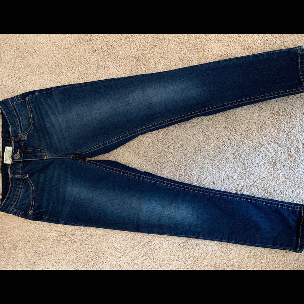 Dark wash jeans.